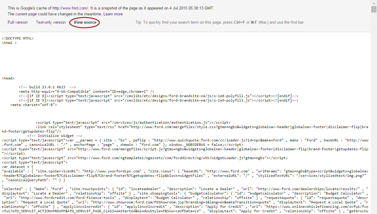 View source version of ford.com Google cache