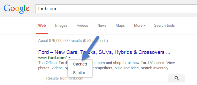 Google SERP looking at cache