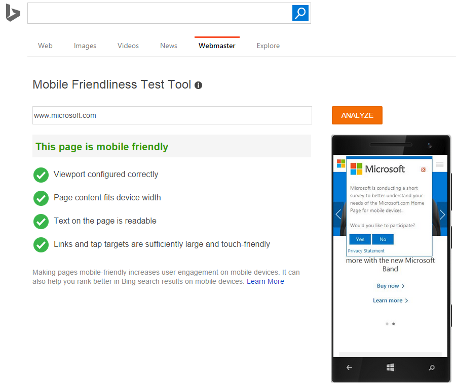 Bing Mobile Friendliness Test