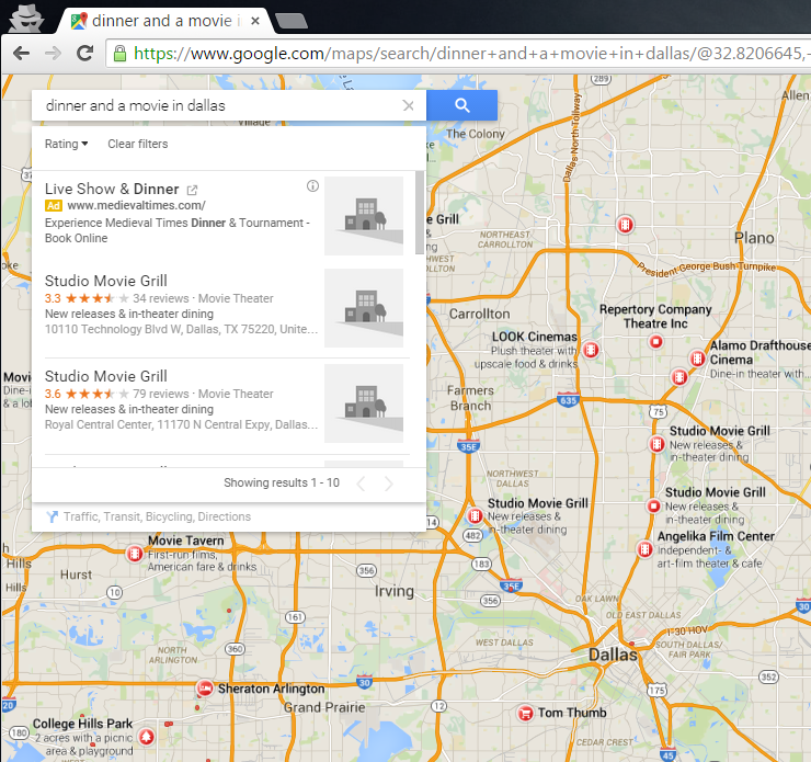 Google phục vụ bữa tối và một bộ phim trong tìm kiếm bản đồ địa phương