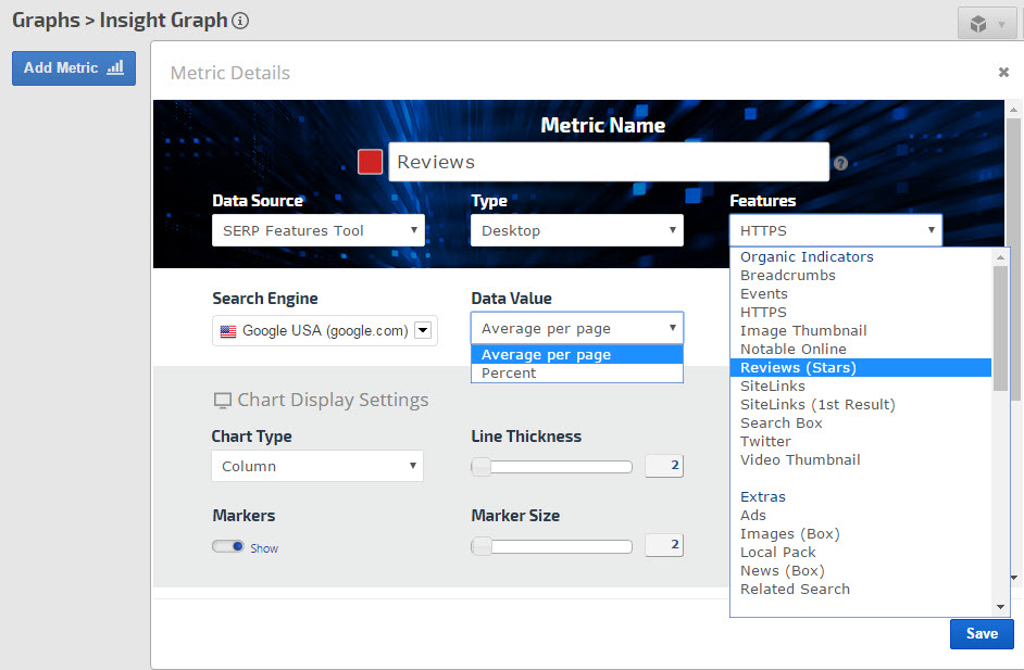 SERP Features Graph Data Value Options