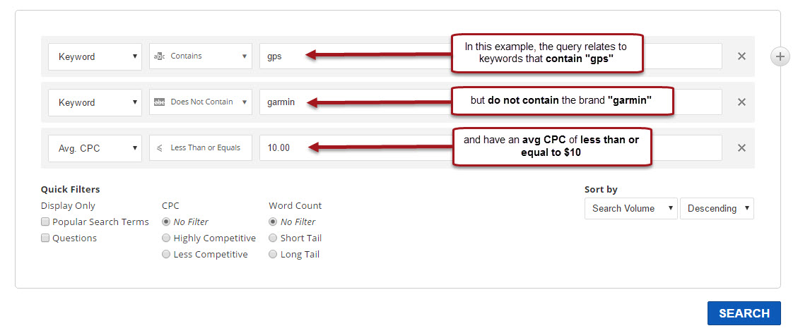 main keyword filtering options