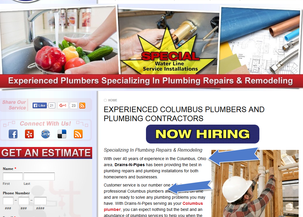 Local Plumber in Columbus example context of location keywords