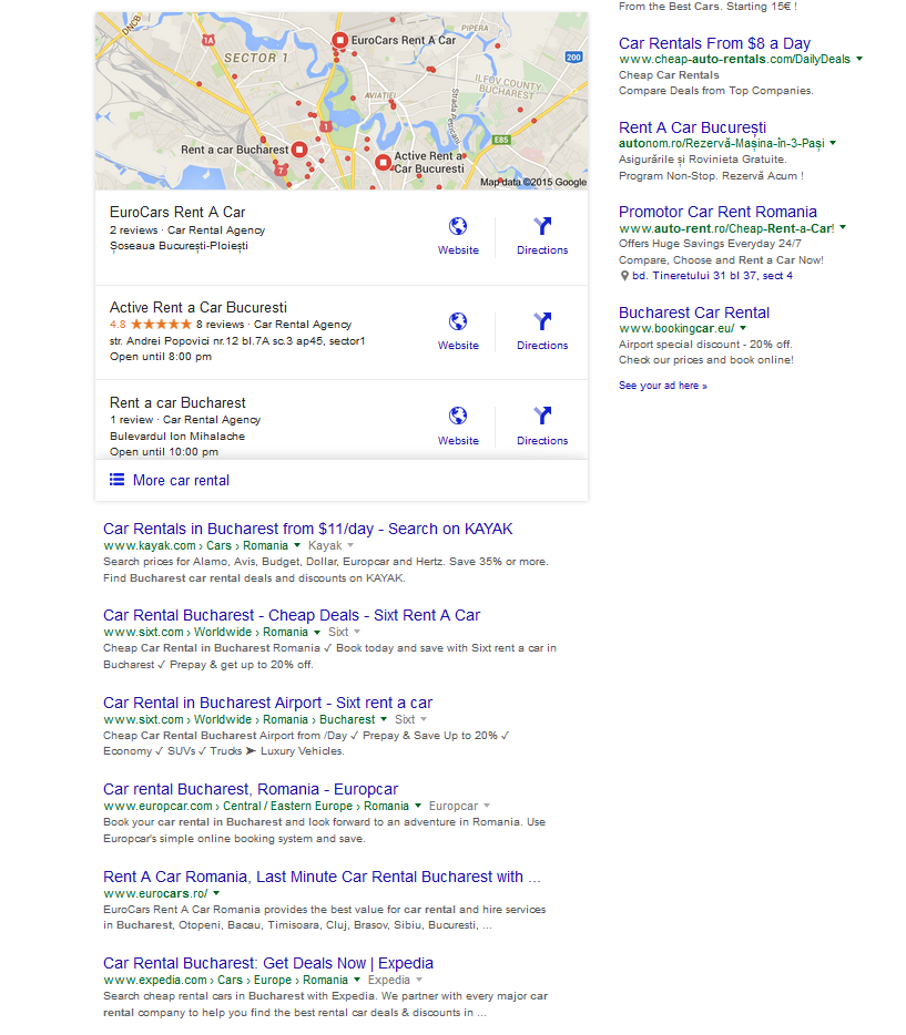 Example Google Search of Car Rentals in Bucharest