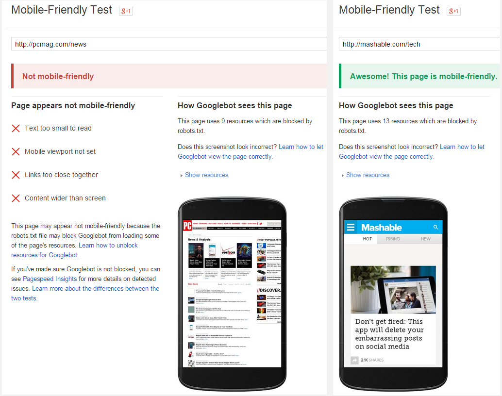 Google Mobile Friendly Test Results