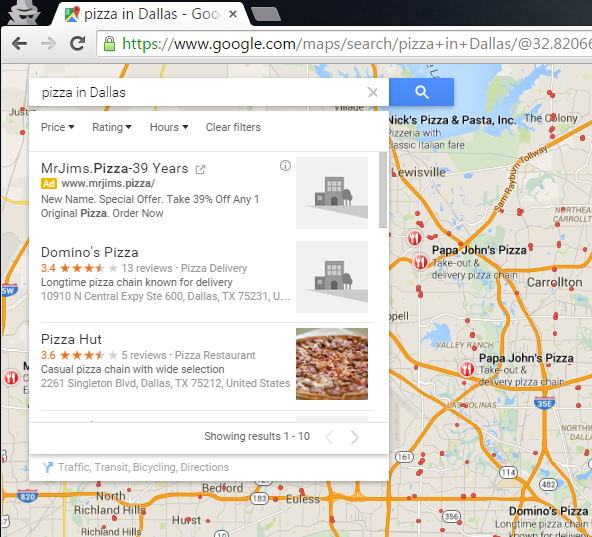 Google Maps likes pizza in Dallas