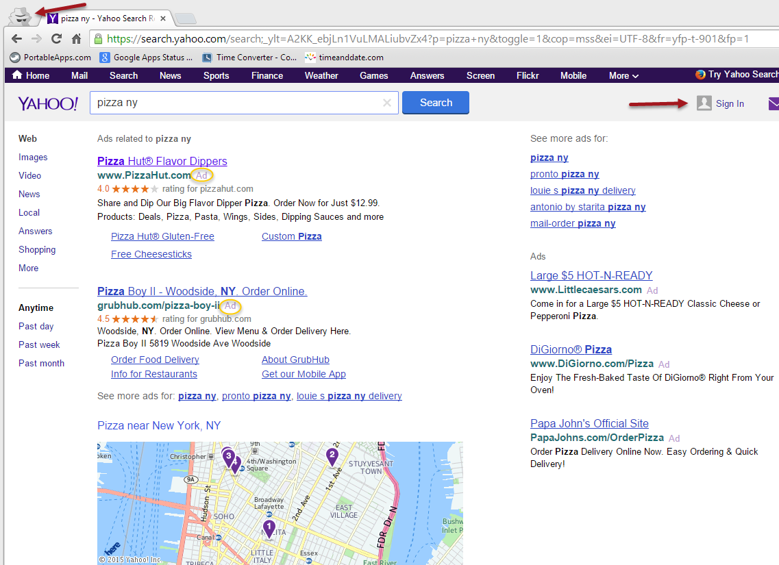 Yahoo Search in Google Chrome Incognito