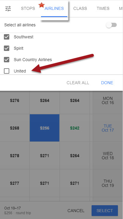 Airlines Filter Google Flights
