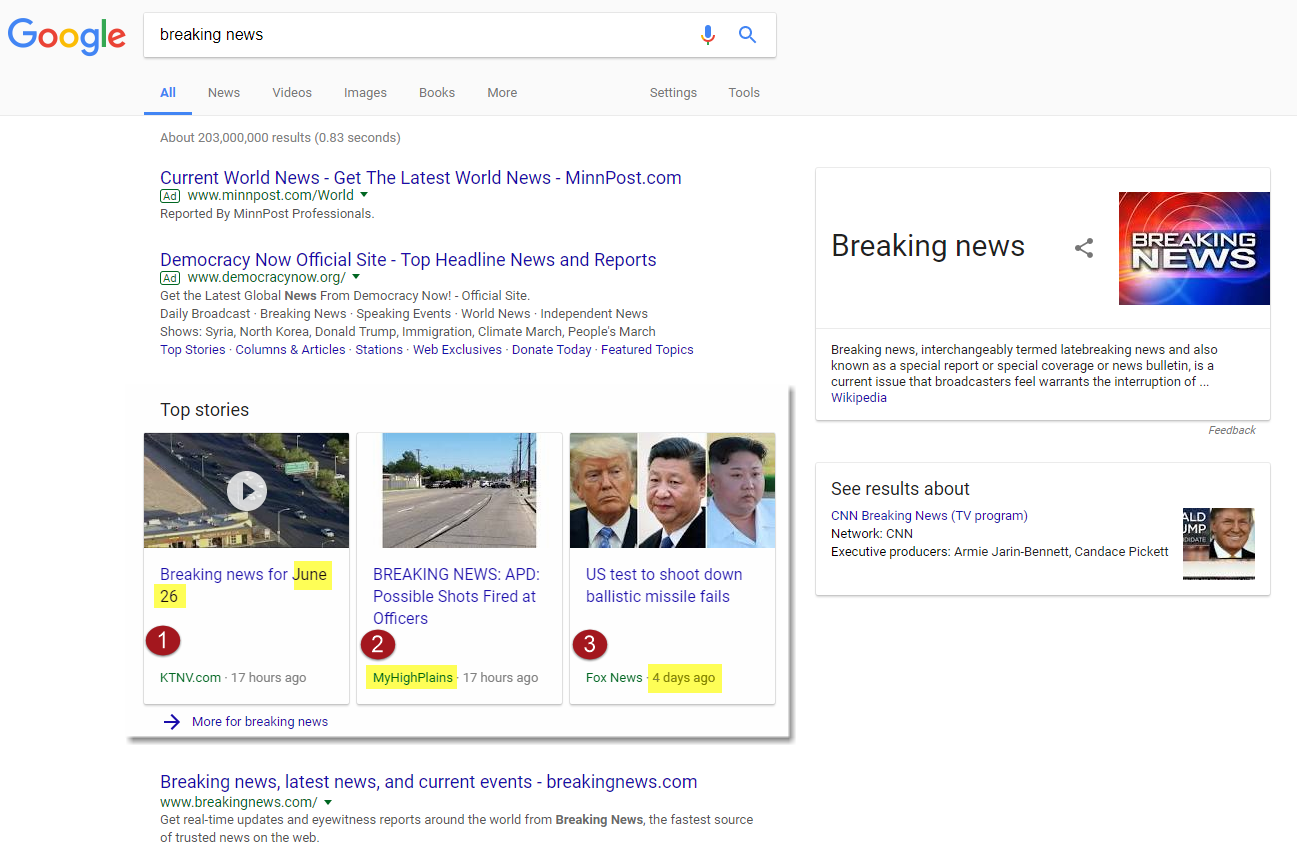 Breaking News Results on Google 