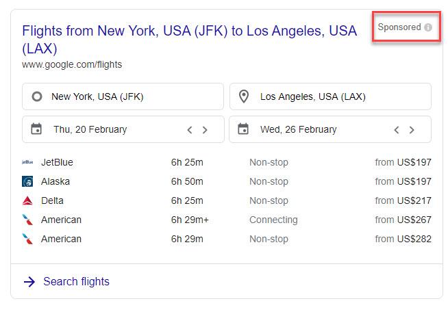 Google Flights Sponsored Label