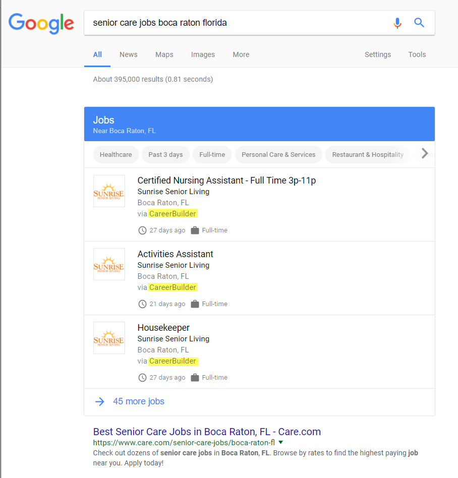 Google for Jobs Displaying on SERP 