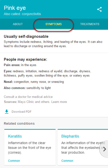 Condition Symptoms Page on Medical Panel 