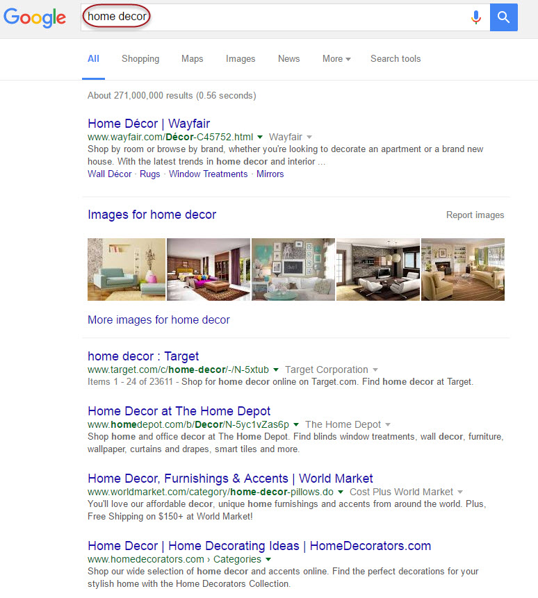 Home Decor Results on the SERP 