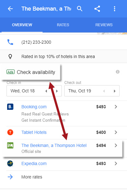 Hotel Site within Local Panel Ad