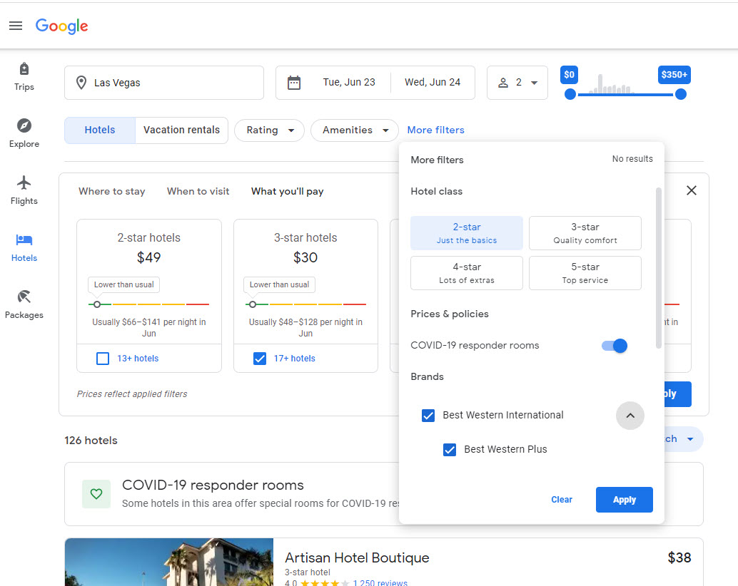 Google Travel Site Filters 