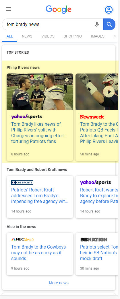 Google Multiple News Carousel: Tom Brady News 