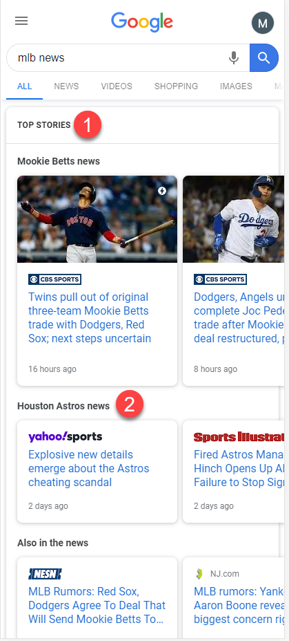 Google Multiple News Carousel: MLB News