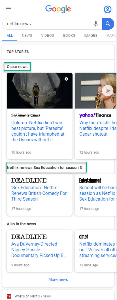 Google Multiple News Carousel: Netflix News