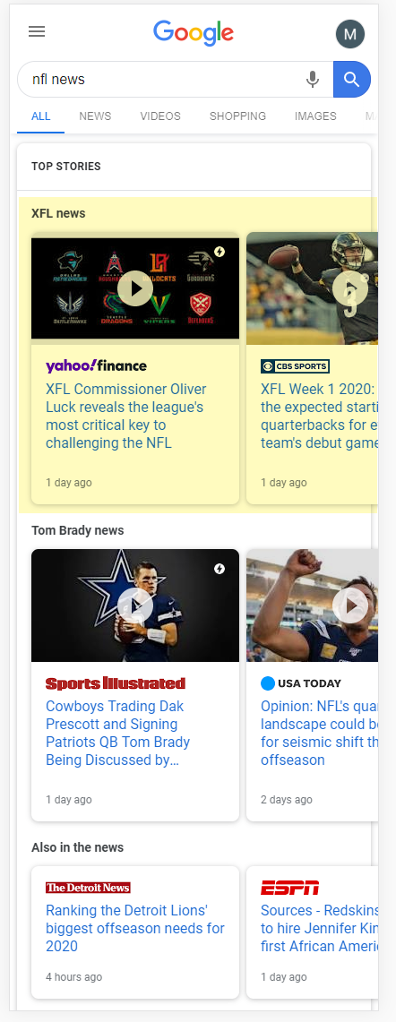 Google Multiple News Carousel: NFL News