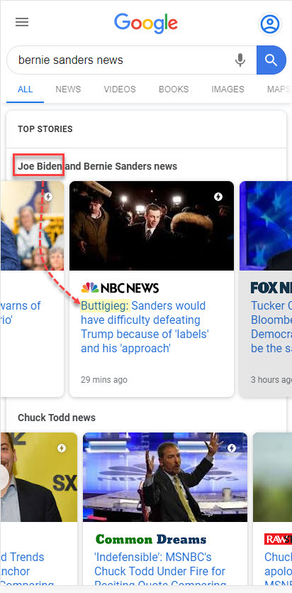 Google Multiple News Carousel: Sanders News 