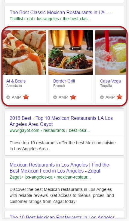Rich Cards for Restaurants Showing AMP Status