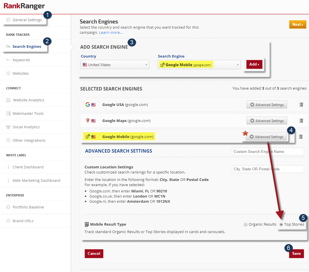 Top Stories Rank Tracking Settings 