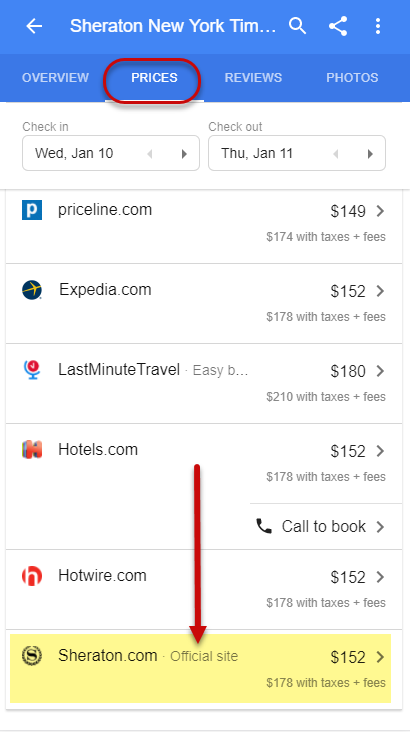 Hotel Price Tab - Mobile Knowledge Panel 