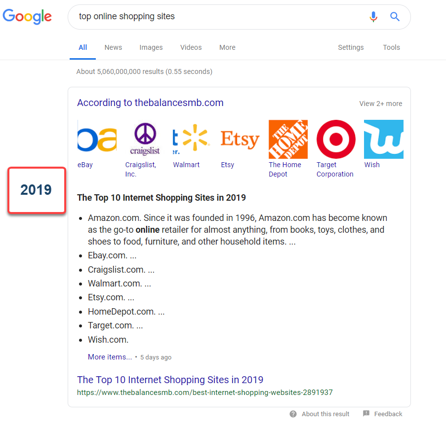 Online Shopping Featured Snippet 2019