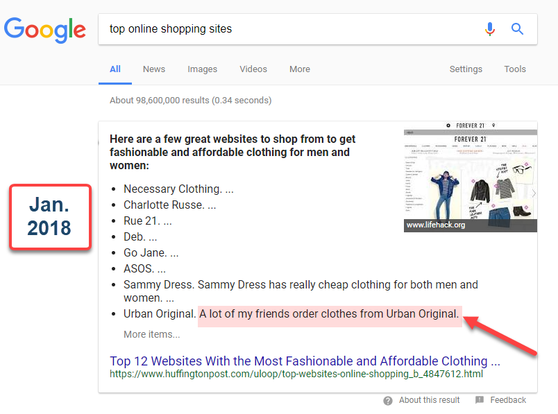 Online Shopping Featured Snippet 2018