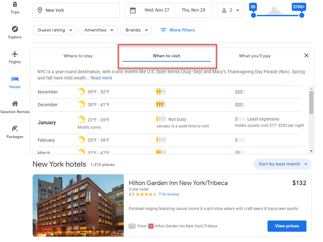 Google Travel When to Visit Filter