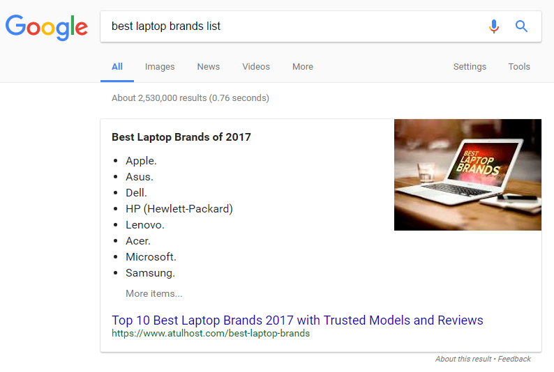 An example of a Featured Snippet