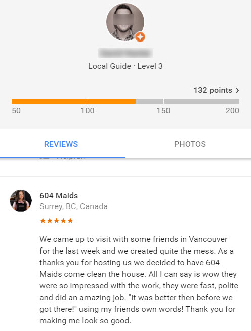 Google review of maid service in Vancouver, Canada