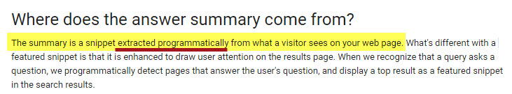 Google’s explanation of where Featured Snippets come from