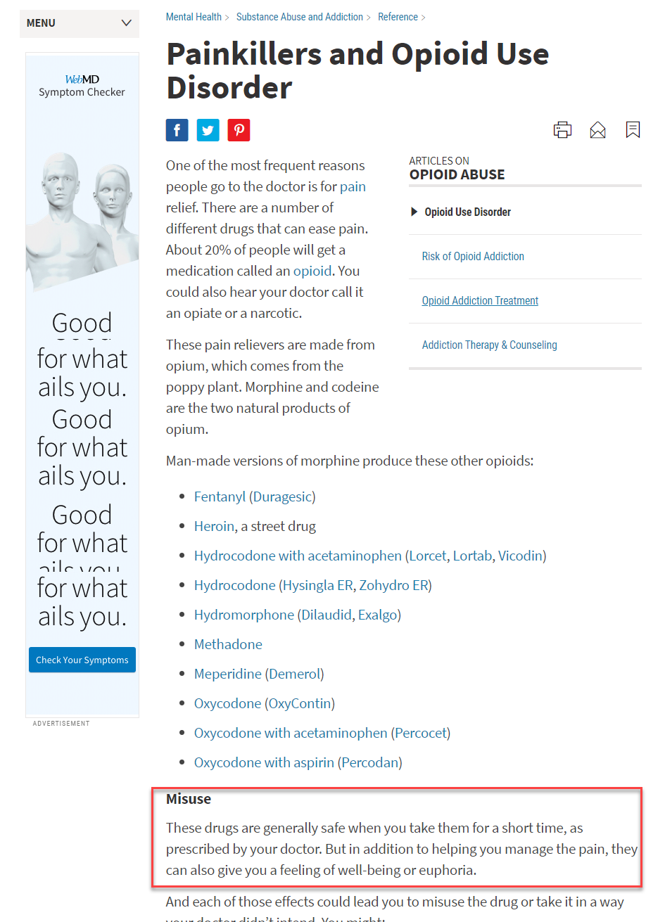 WebMD's page showing Painkillers and opioid use disorder