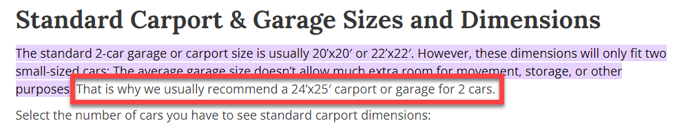 Website showing carport sizes