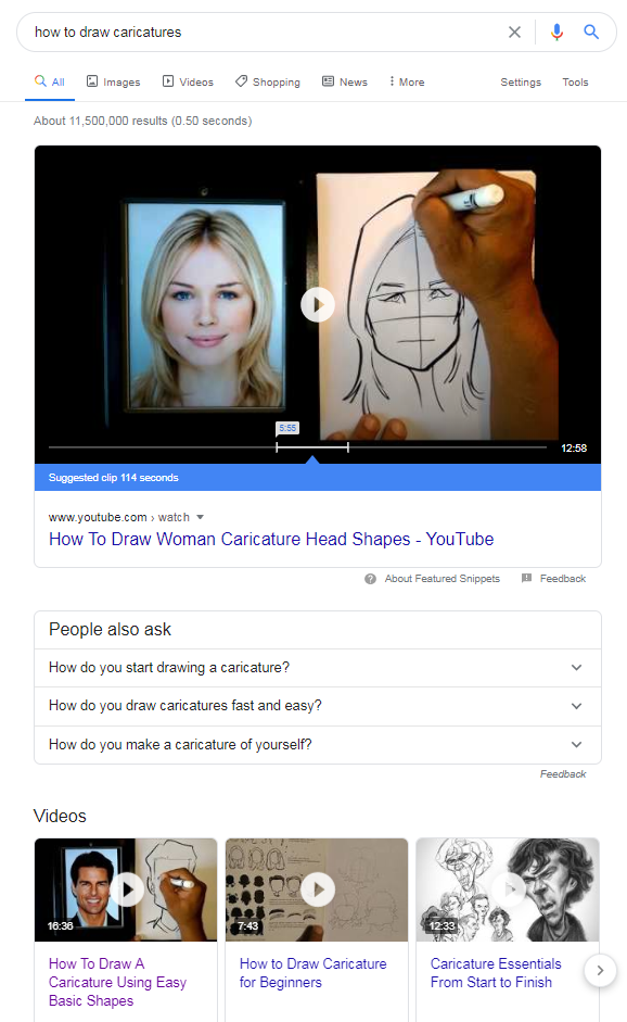 SERP for the term 'how to draw caricatures'