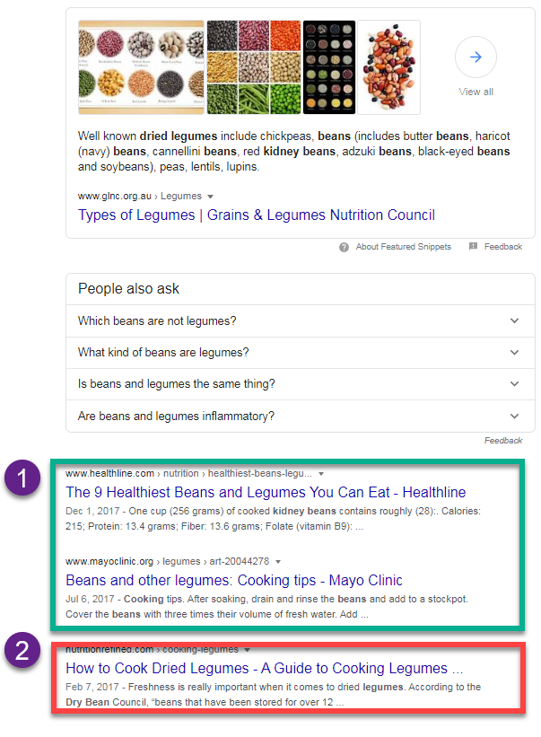 Google SERP for the term dried beans and legumes