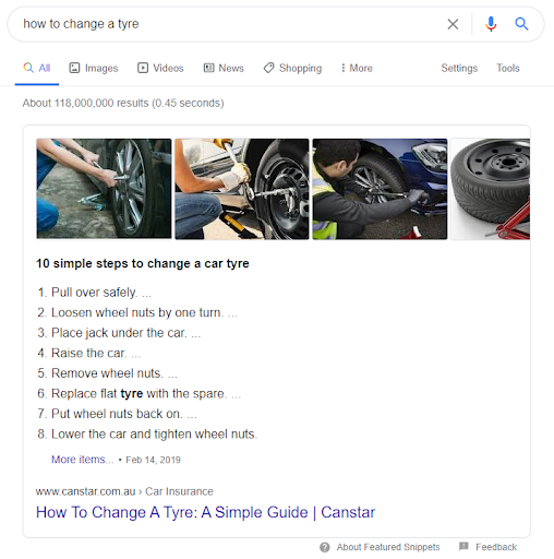 list Featured Snippet for the term 'how to change a tyre'