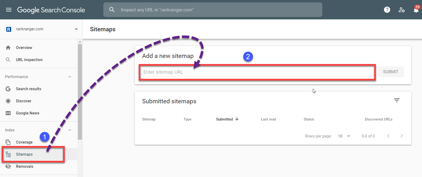 Sitemap tab in Google Search Console