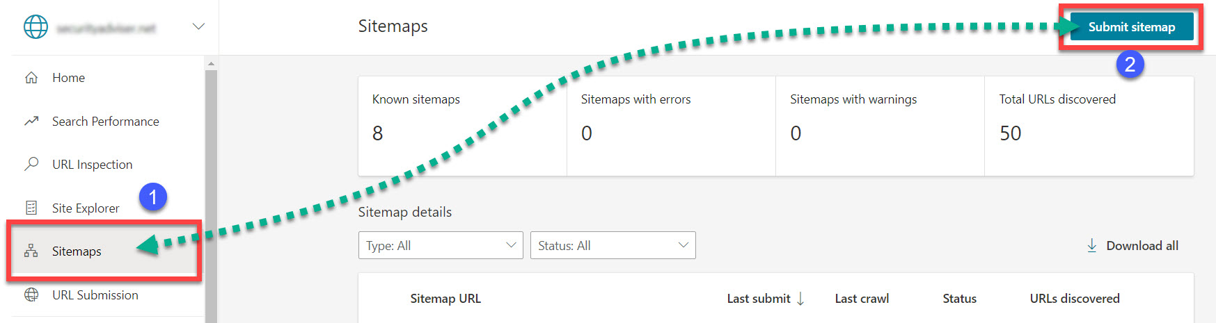 Sitemaps tab in Bing Webmaster Tools