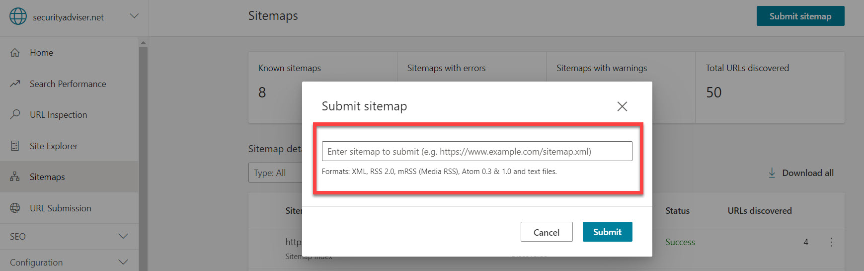 Submitting a URL in Bing Webmaster Tools