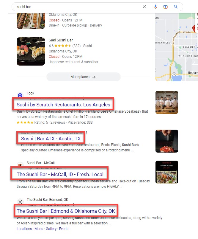 Google search results for the query 'sushi bar'