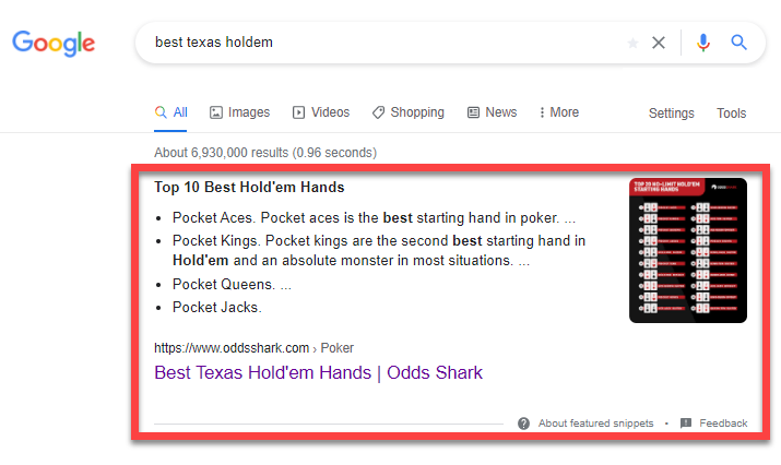 Featured Snippet for the term 'best texas holdem'
