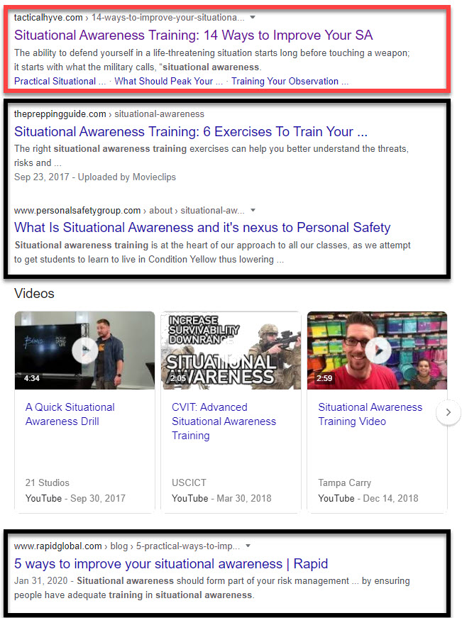 Google SERP for the term 'situational awareness training'