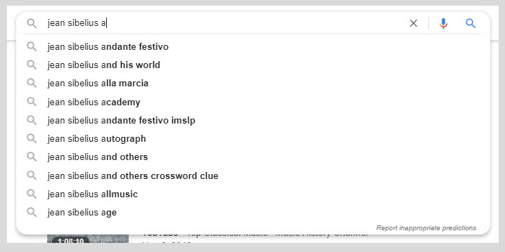 Google Auto Suggest showing results for the keyword 'jean sibelius' modified by terms starting with the letter 'a'