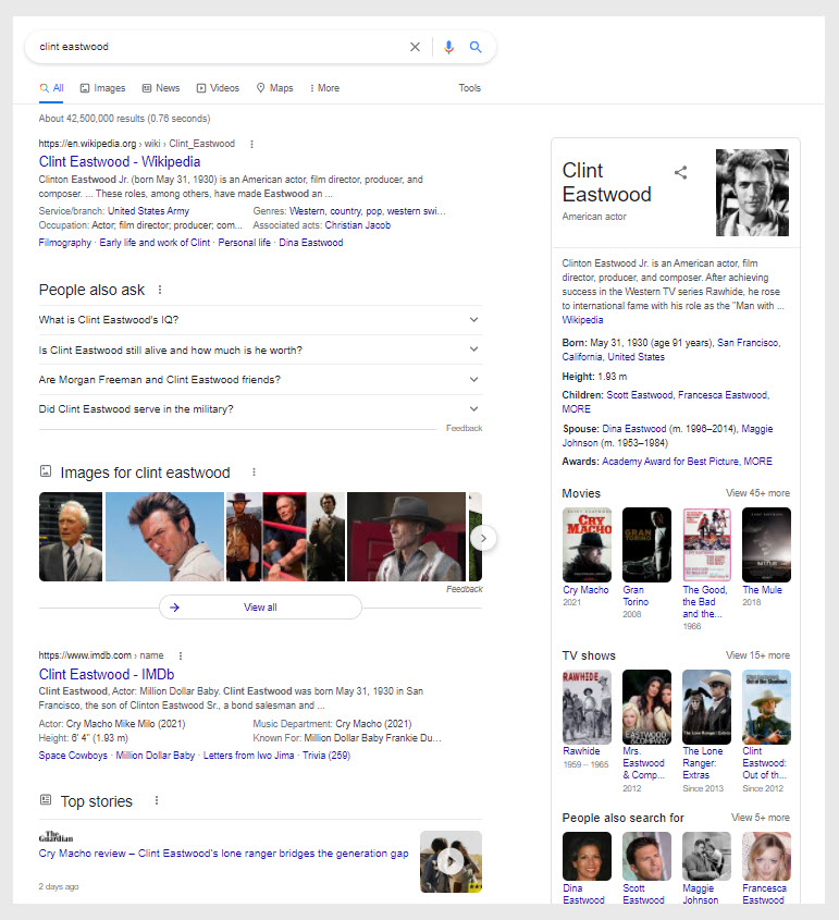Google SERP showing results for 'clint eastwood'