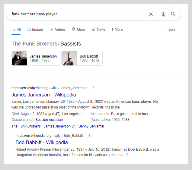 Google SERP presenting results for the keyword 'funk brothers bassist'