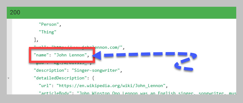 The nowledge Graph API explorer showing the entity name