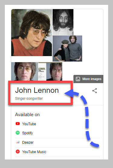 Knowledge Panel for the entity John Lennon showing the entity name