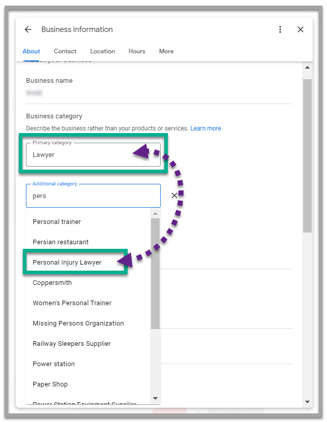 Google My Business category and additional category